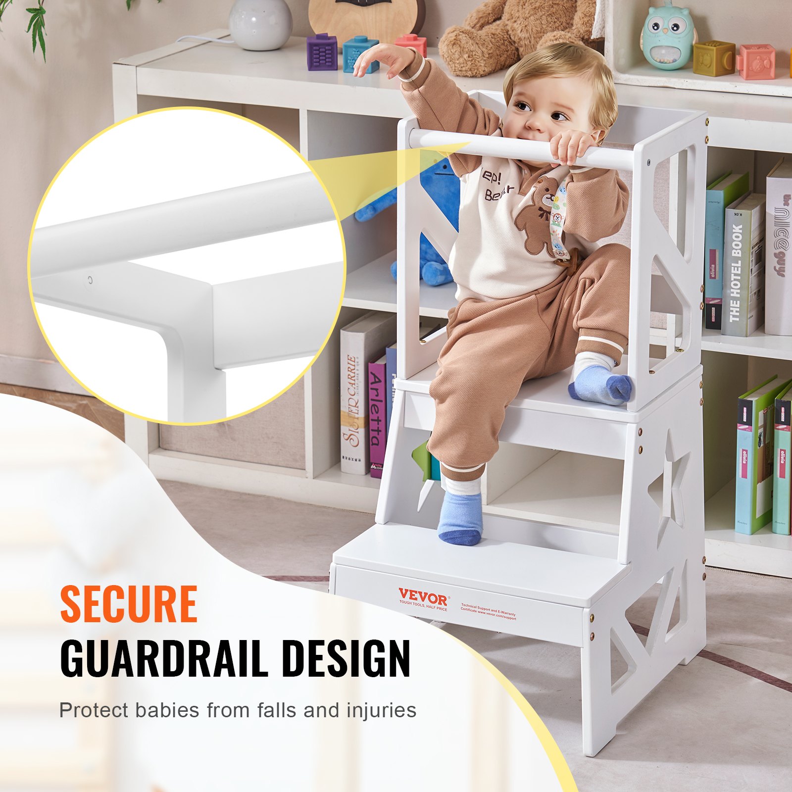 VEVOR Toddler Step Stool, Natural Pine Wood Kids Kitchen Stool with Safety Rail, Standing Tower Learning Stool for Bedroom Bathroom Kitchen Counter, 150LBS Loading Capacity, White