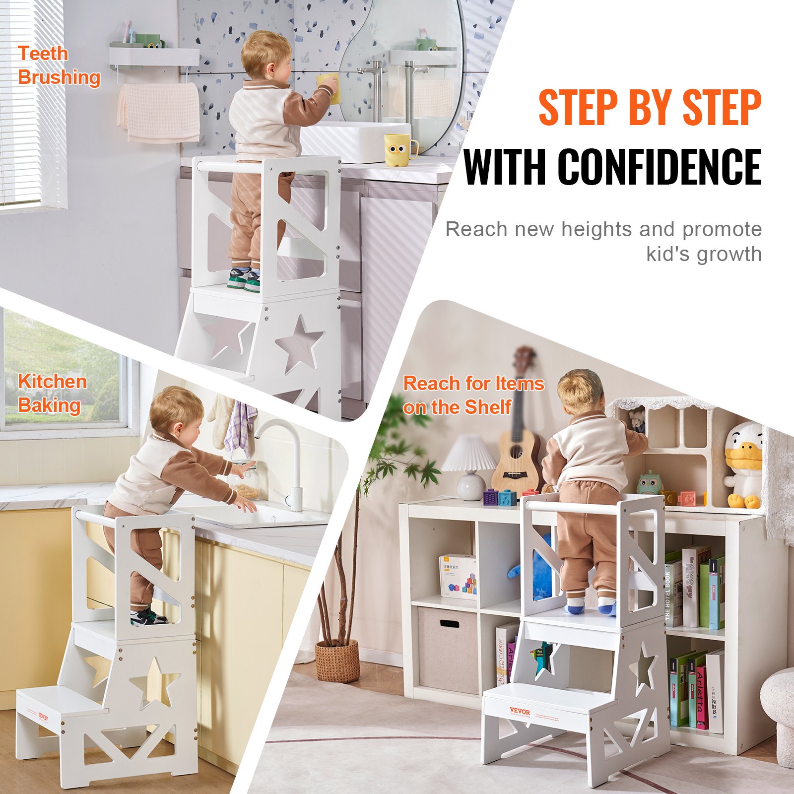VEVOR Toddler Step Stool, Natural Pine Wood Kids Kitchen Stool with Safety Rail, Standing Tower Learning Stool for Bedroom Bathroom Kitchen Counter, 150LBS Loading Capacity, White