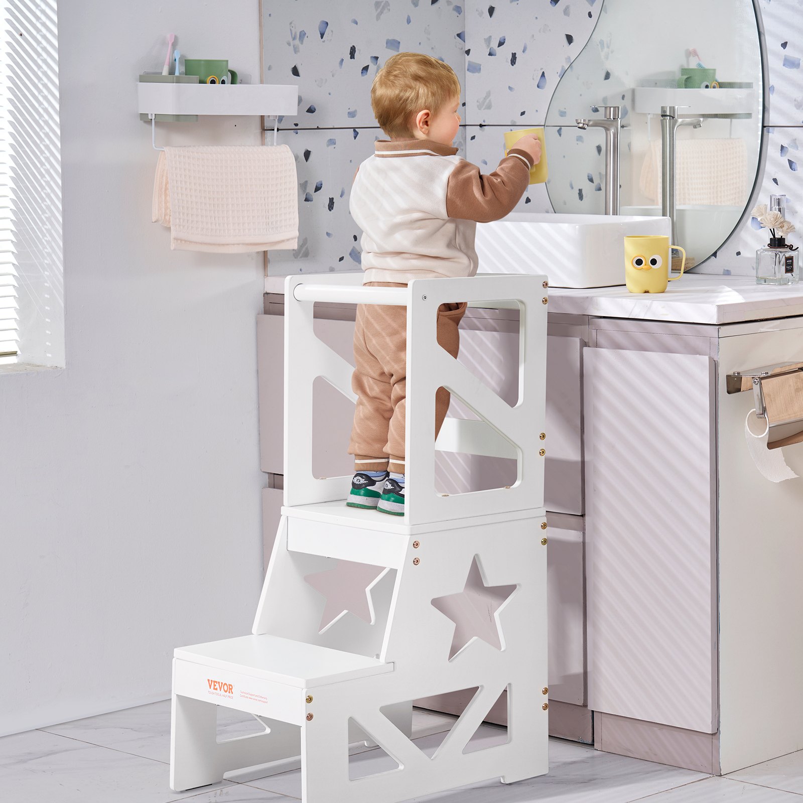 VEVOR Toddler Step Stool, Natural Pine Wood Kids Kitchen Stool with Safety Rail, Standing Tower Learning Stool for Bedroom Bathroom Kitchen Counter, 150LBS Loading Capacity, White