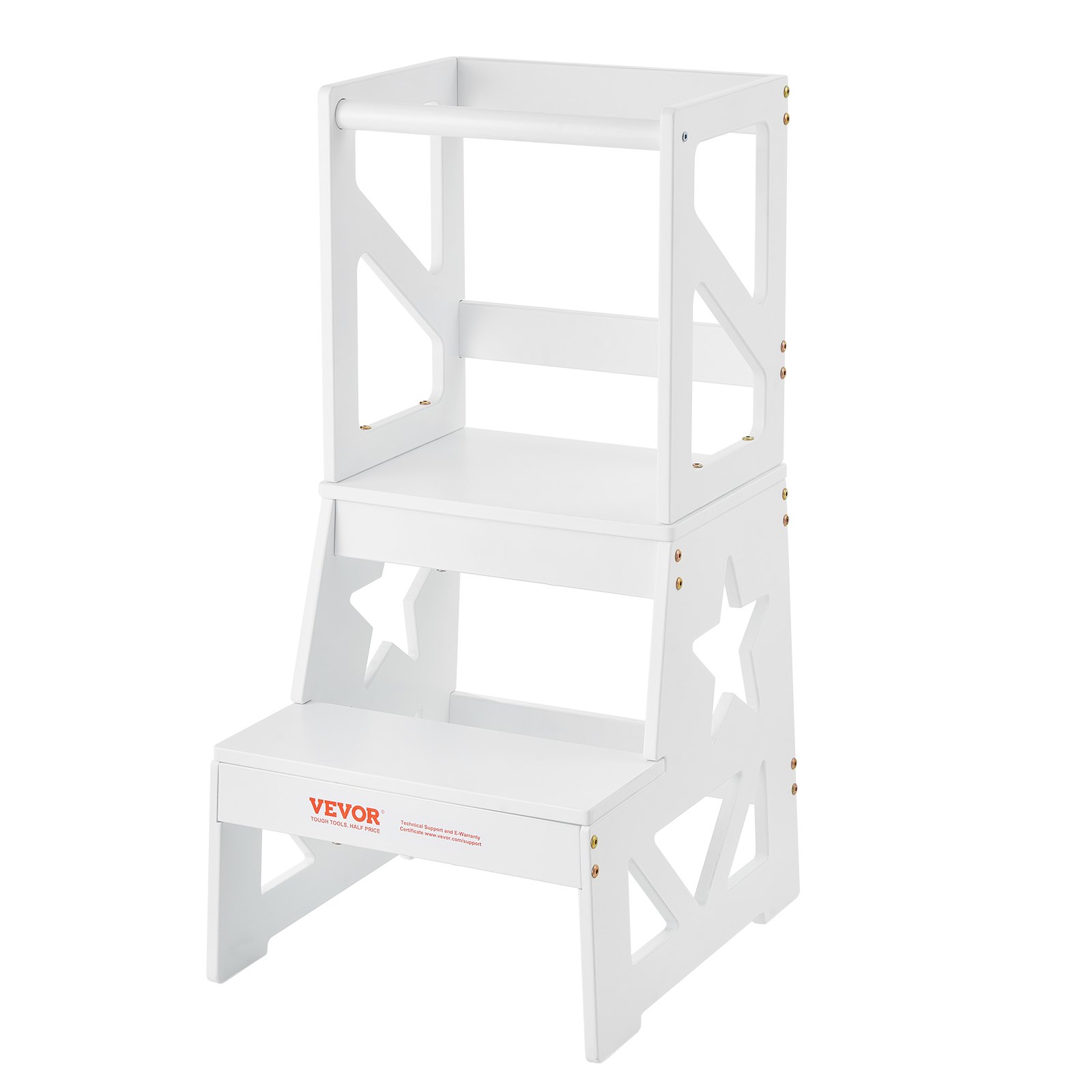 VEVOR Toddler Step Stool, Natural Pine Wood Kids Kitchen Stool with Safety Rail, Standing Tower Learning Stool for Bedroom Bathroom Kitchen Counter, 150LBS Loading Capacity, White
