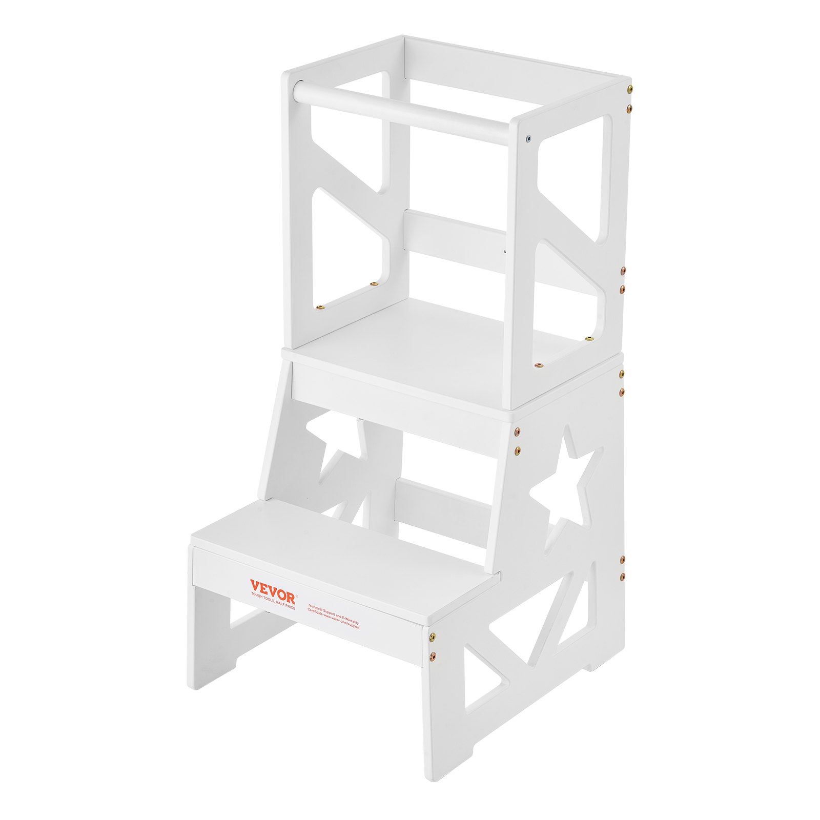 VEVOR Toddler Step Stool, Natural Pine Wood Kids Kitchen Stool with Safety Rail, Standing Tower Learning Stool for Bedroom Bathroom Kitchen Counter, 150LBS Loading Capacity, White