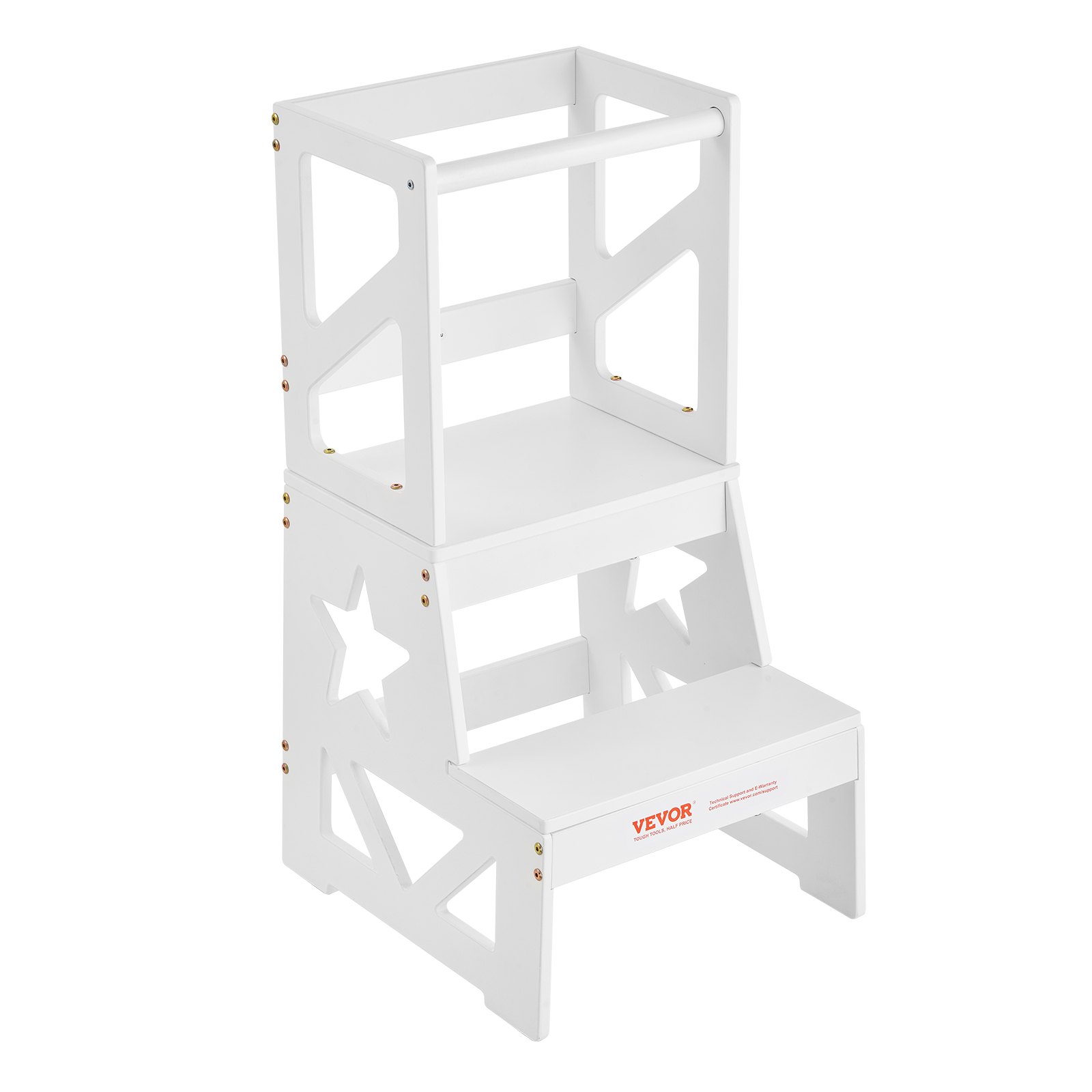 VEVOR Toddler Step Stool, Natural Pine Wood Kids Kitchen Stool with Safety Rail, Standing Tower Learning Stool for Bedroom Bathroom Kitchen Counter, 150LBS Loading Capacity, White