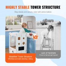 VEVOR Tower Step Stool, Foldable Toddler Kitchen Stool Helper, Toddler Step Stool for Kids & 3-Level Adjustable Height, Safety Net, Solid Wood Standing Tower Learning Stool for Bedroom Bathroom, White