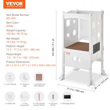 VEVOR Tower Step Stool, Foldable Toddler Kitchen Stool Helper, Toddler Step Stool for Kids & 3-Level Adjustable Height, Safety Net, Solid Wood Standing Tower Learning Stool for Bedroom Bathroom, White