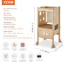 VEVOR Tower Step Stool for Kids and Toddlers, Foldable Toddler Kitchen Stool Helper with 3-Level Adjustable Height & Safety Net, Natural Solid Wood Standing Tower Learning Stool for Bedroom Bathroom