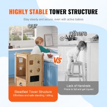 VEVOR Tower Step Stool, Foldable Toddler Kitchen Stool Helper, 3-Level Adjustable Height Toddler Step Stools with Safety Net, Solid Wood Kids Standing Tower Learning Stool for Kitchen Bedroom Bathroom