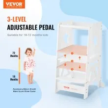 VEVOR Tower Step Stool, 3-Level Height Adjustable Toddler Step Stools for Kids, Kitchen Stool Bamboo Standing Tower Learning Stool with Safety Rail for Kitchen Counter Bathroom, 350LBS, White