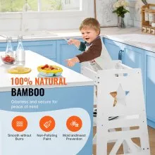 VEVOR Tower Step Stool, 3-Level Height Adjustable Toddler Step Stools for Kids, Kitchen Stool Bamboo Standing Tower Learning Stool with Safety Rail for Kitchen Counter Bathroom, 350LBS, White