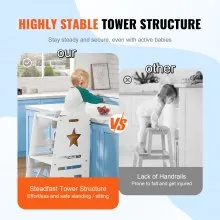 VEVOR Tower Step Stool, 3-Level Height Adjustable Toddler Step Stools for Kids, Kitchen Stool Bamboo Standing Tower Learning Stool with Safety Rail for Kitchen Counter Bathroom, 350LBS, White