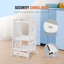 VEVOR Tower Step Stool, 3-Level Height Adjustable Toddler Step Stools for Kids, Kitchen Stool Bamboo Standing Tower Learning Stool with Safety Rail for Kitchen Counter Bathroom, 350LBS, White