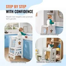 VEVOR Tower Step Stool, 3-Level Height Adjustable Toddler Step Stools for Kids, Kitchen Stool Bamboo Standing Tower Learning Stool with Safety Rail for Kitchen Counter Bathroom, 350LBS, White