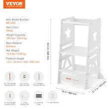 VEVOR Tower Step Stool, 3-Level Height Adjustable Toddler Step Stools for Kids, Kitchen Stool Bamboo Standing Tower Learning Stool with Safety Rail for Kitchen Counter Bathroom, 350LBS, White
