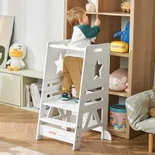 VEVOR Tower Step Stool, 3-Level Height Adjustable Toddler Step Stools for Kids, Kitchen Stool Bamboo Standing Tower Learning Stool with Safety Rail for Kitchen Counter Bathroom, 350LBS, White