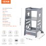 VEVOR Tower Step Stool, 3-Level Height Adjustable Toddler Step Stools for Kids, Kitchen Stool Helper, Bamboo Standing Tower Learning Stool with Safety Rail for Kitchen Counter Bathroom, 350LBS, Gray