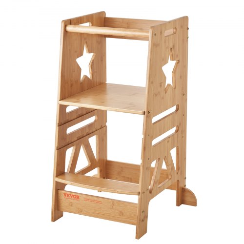 VEVOR Tower Step Stool for Kids and Toddlers, 3-Level Height Adjustable Toddler Kitchen Stool Helper, Bamboo Standing Tower Learning Stool with Safety Rail for Kitchen Counter Bathroom, 350LBS Loading