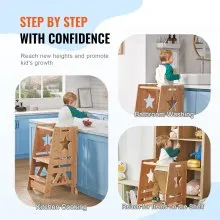 VEVOR Tower Step Stool, 3-Level Height Adjustable Toddler Step Stools for Kids, Bamboo Kids Standing Tower Learning Stool with Safety Rail for Kitchen Counter Bathroom, 350LBS
