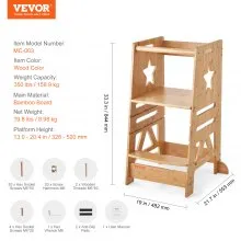 VEVOR Tower Step Stool, 3-Level Height Adjustable Toddler Step Stools for Kids, Bamboo Kids Standing Tower Learning Stool with Safety Rail for Kitchen Counter Bathroom, 350LBS