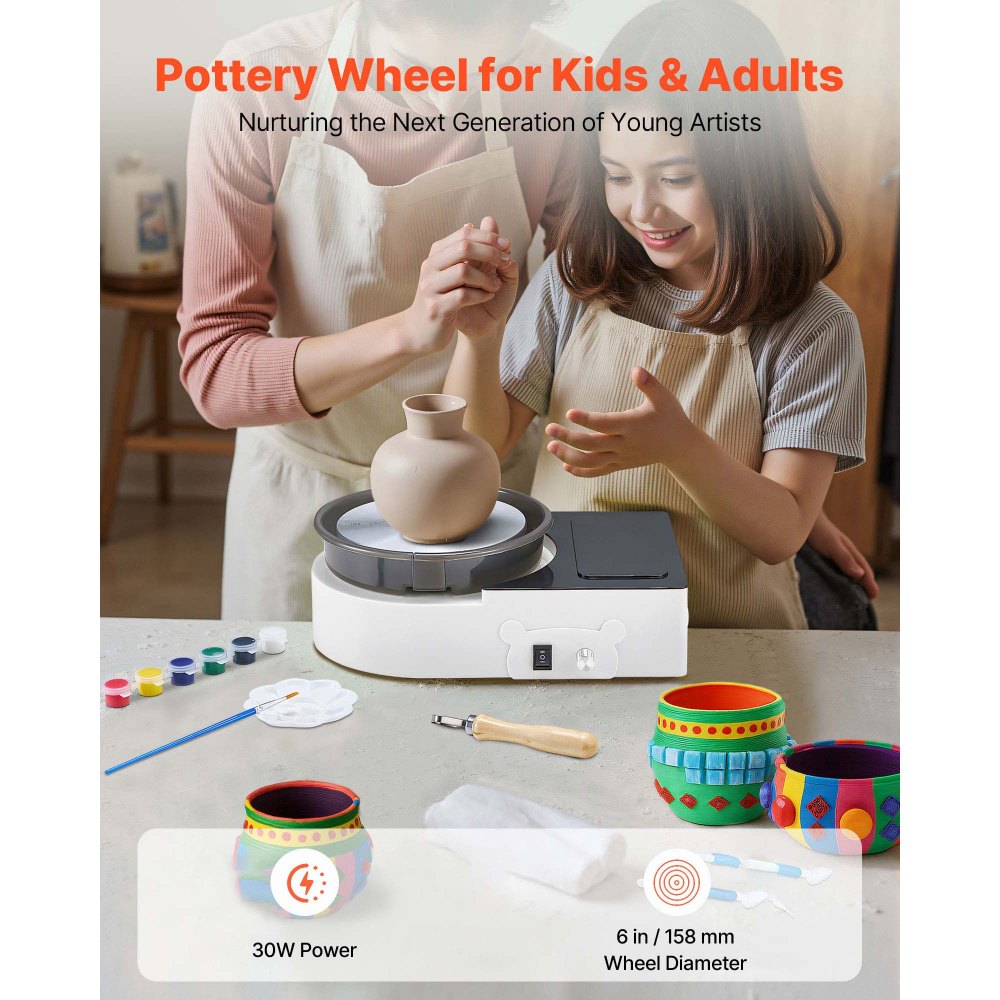 VEVOR Mini Pottery Wheel, 158 mm Turntable, Forward and Reverse Rotation, Adjustable Speed, Electric Clay Wheel for Kids and Adults, with Clay Shaping Tools, for Home DIY, Pottery Classes, White