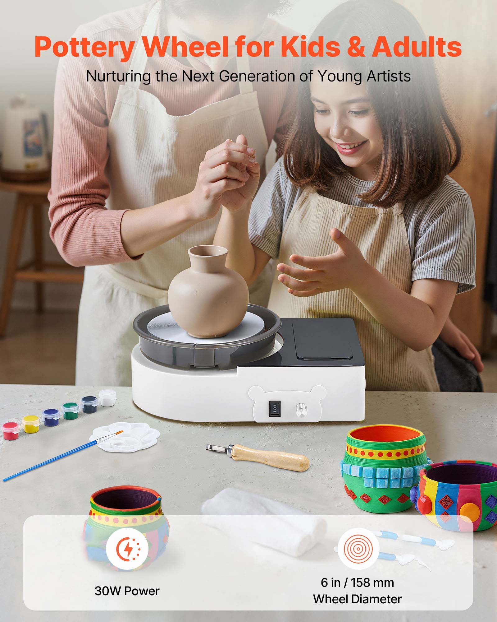 VEVOR Mini Pottery Wheel, 158 mm Turntable, Forward and Reverse Rotation, Adjustable Speed, Electric Clay Wheel for Kids and Adults, with Clay Shaping Tools, for Home DIY, Pottery Classes, White