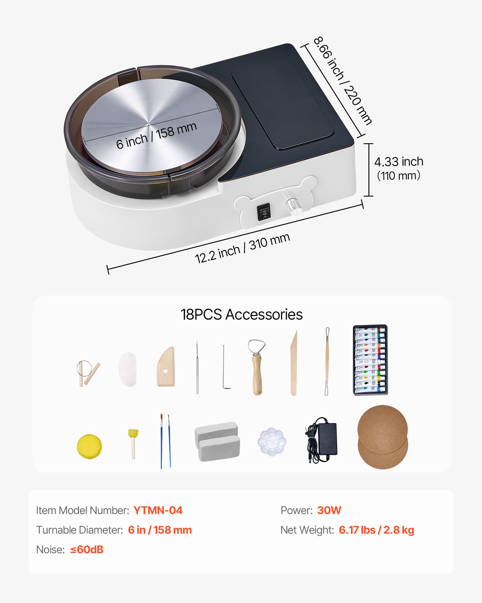 VEVOR Mini Pottery Wheel, 158 mm Turntable, Forward and Reverse Rotation, Adjustable Speed, Electric Clay Wheel for Kids and Adults, with Clay Shaping Tools, for Home DIY, Pottery Classes, White