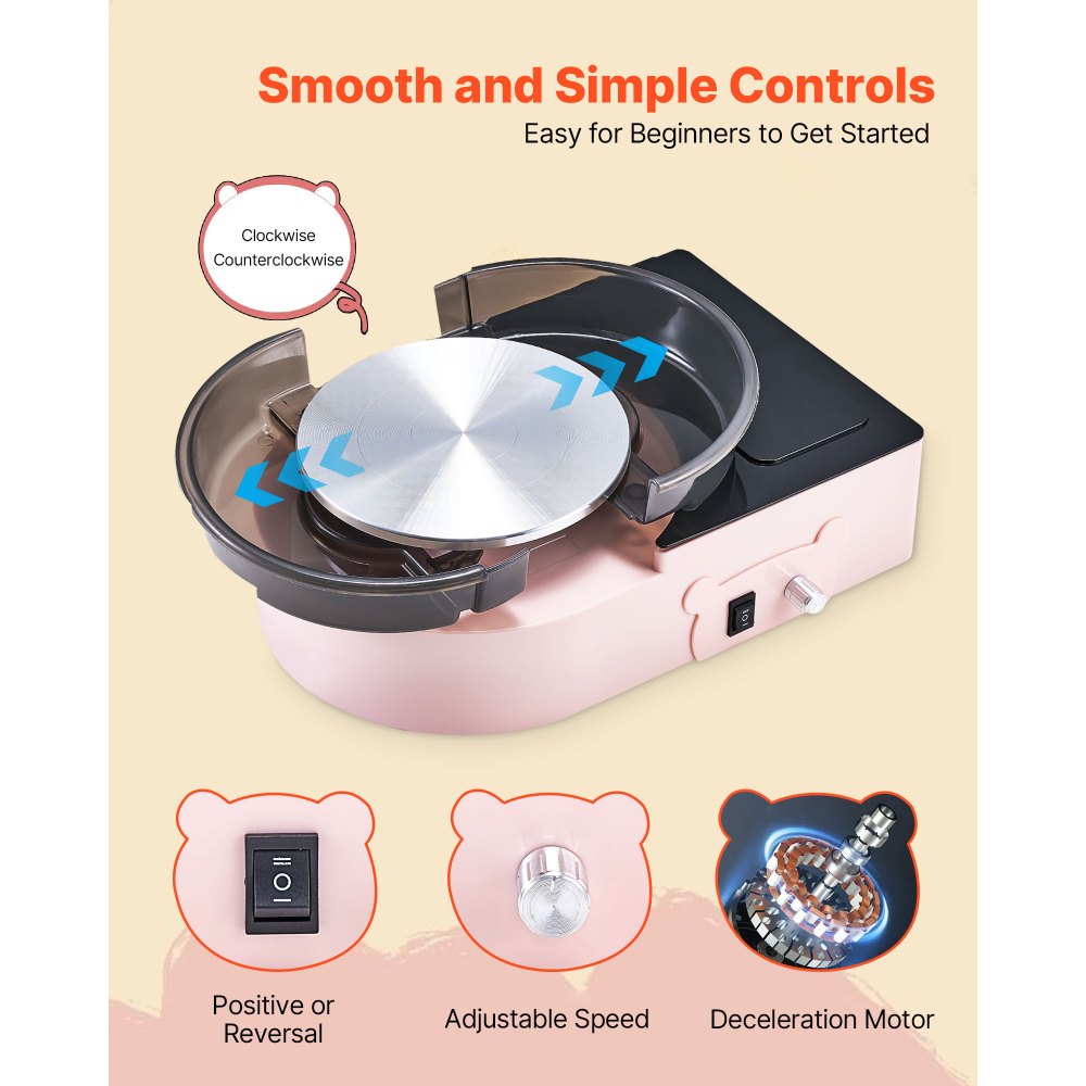 VEVOR Mini Pottery Wheel, 158 mm Turntable, Forward and Reverse Rotation, Adjustable Speed, Electric Clay Wheel for Kids and Adults, with Clay Shaping Tools, for Home DIY, Pottery Classes, Pink