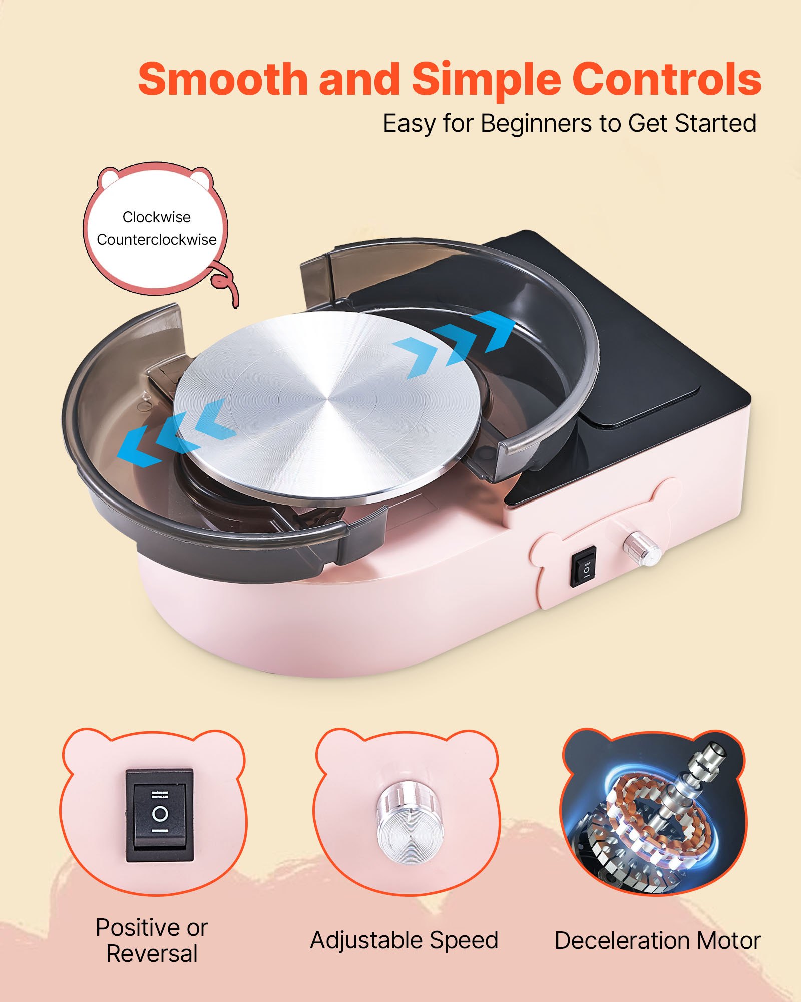VEVOR Mini Pottery Wheel, 158 mm Turntable, Forward and Reverse Rotation, Adjustable Speed, Electric Clay Wheel for Kids and Adults, with Clay Shaping Tools, for Home DIY, Pottery Classes, Pink