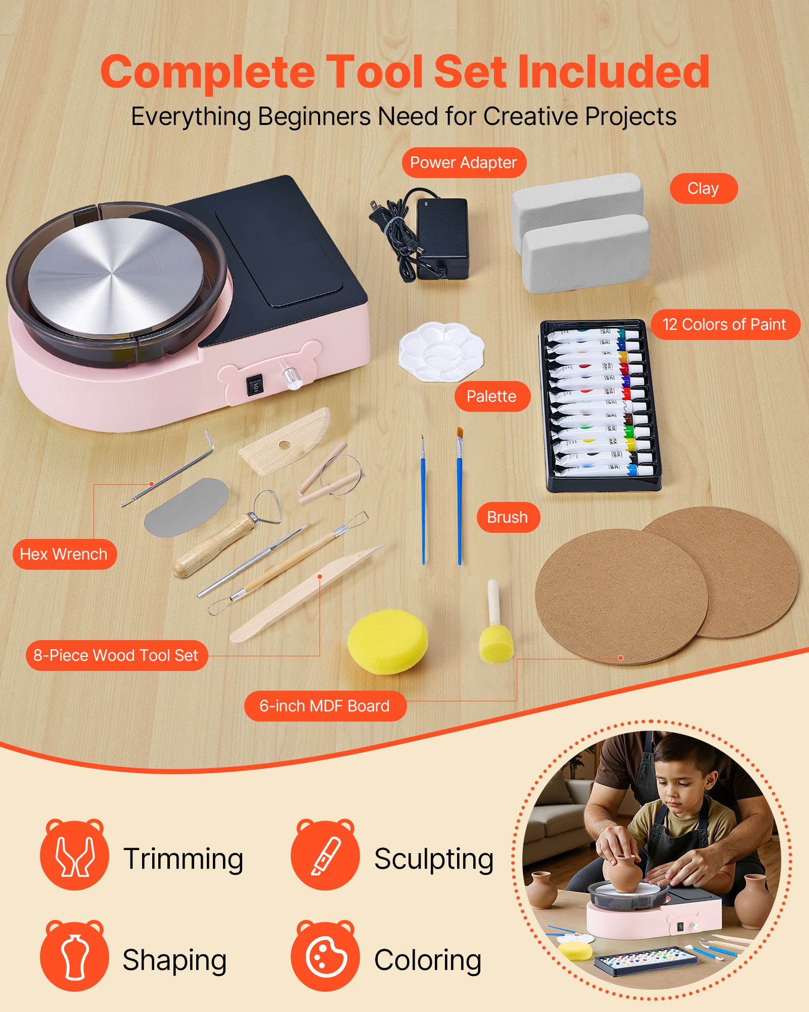 VEVOR Mini Pottery Wheel, 158 mm Turntable, Forward and Reverse Rotation, Adjustable Speed, Electric Clay Wheel for Kids and Adults, with Clay Shaping Tools, for Home DIY, Pottery Classes, Pink