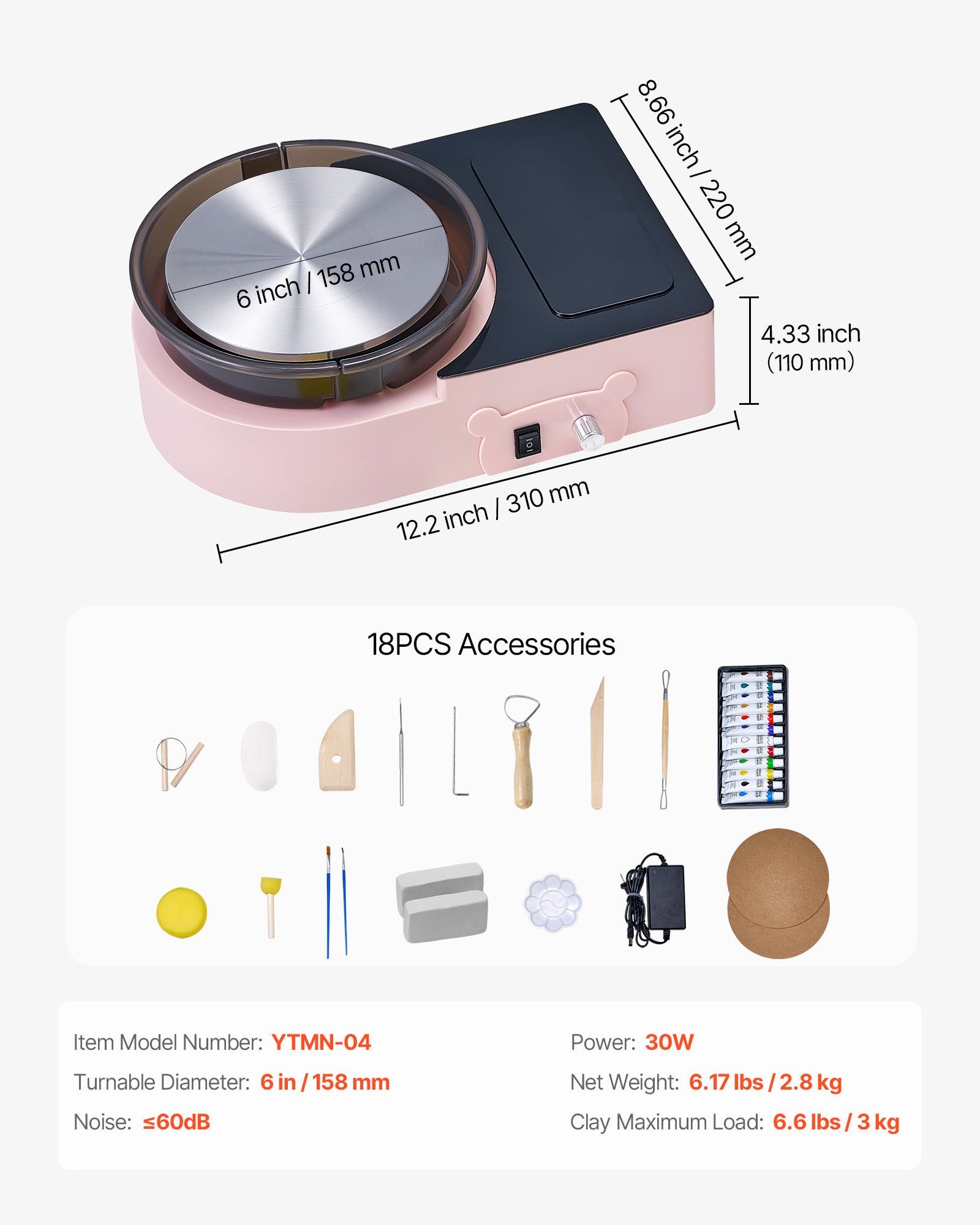 VEVOR Mini Pottery Wheel, 158 mm Turntable, Forward and Reverse Rotation, Adjustable Speed, Electric Clay Wheel for Kids and Adults, with Clay Shaping Tools, for Home DIY, Pottery Classes, Pink