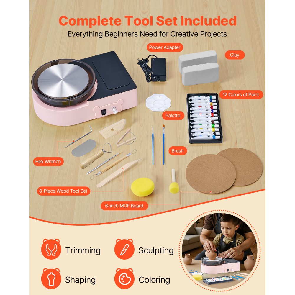 VEVOR Mini Pottery Wheel, 158 mm Turntable, Forward and Reverse Rotation, Adjustable Speed, Electric Clay Wheel for Kids and Adults, with Clay Shaping Tools, for Home DIY, Pottery Classes, Pink