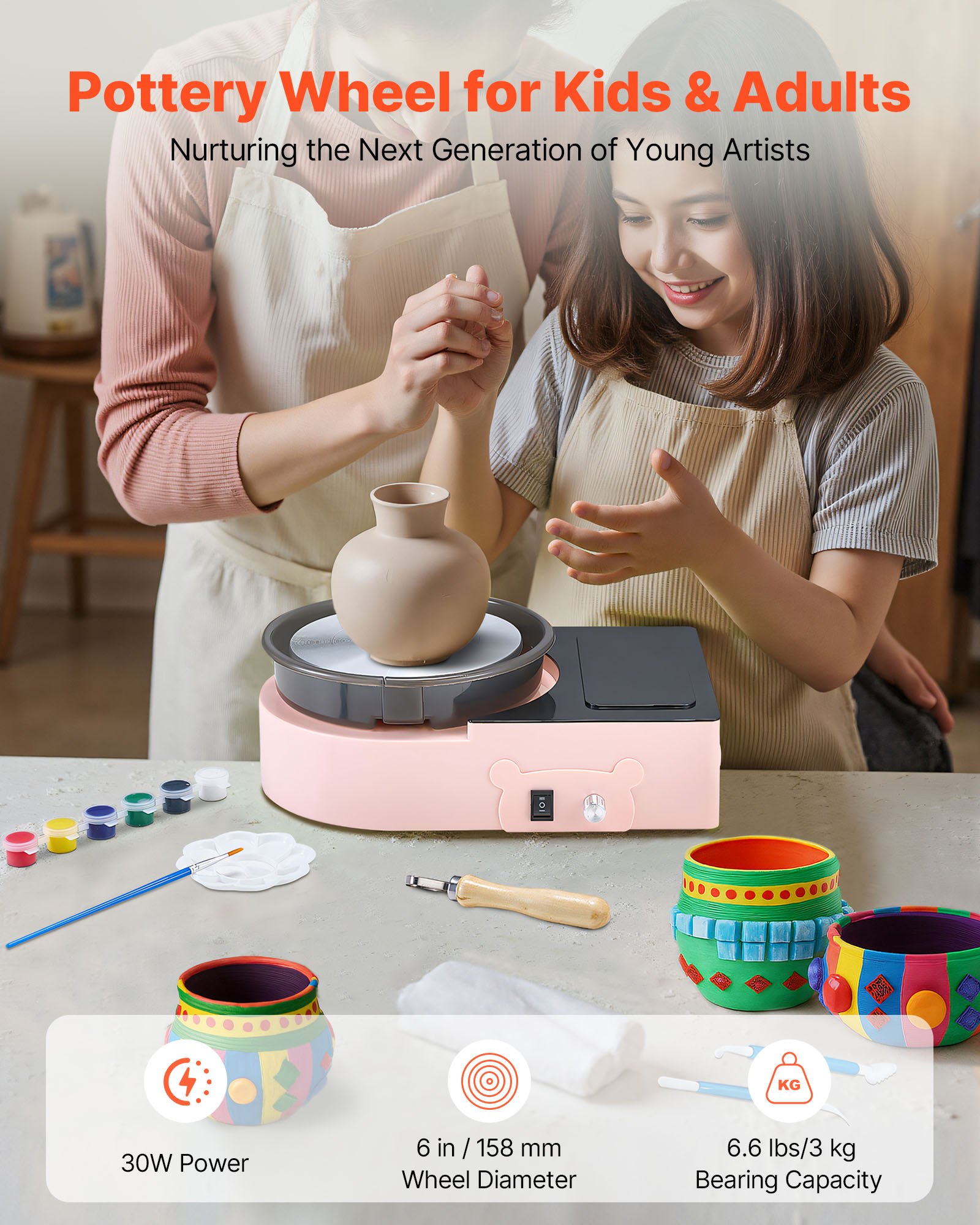 VEVOR Mini Pottery Wheel, 158 mm Turntable, Forward and Reverse Rotation, Adjustable Speed, Electric Clay Wheel for Kids and Adults, with Clay Shaping Tools, for Home DIY, Pottery Classes, Pink