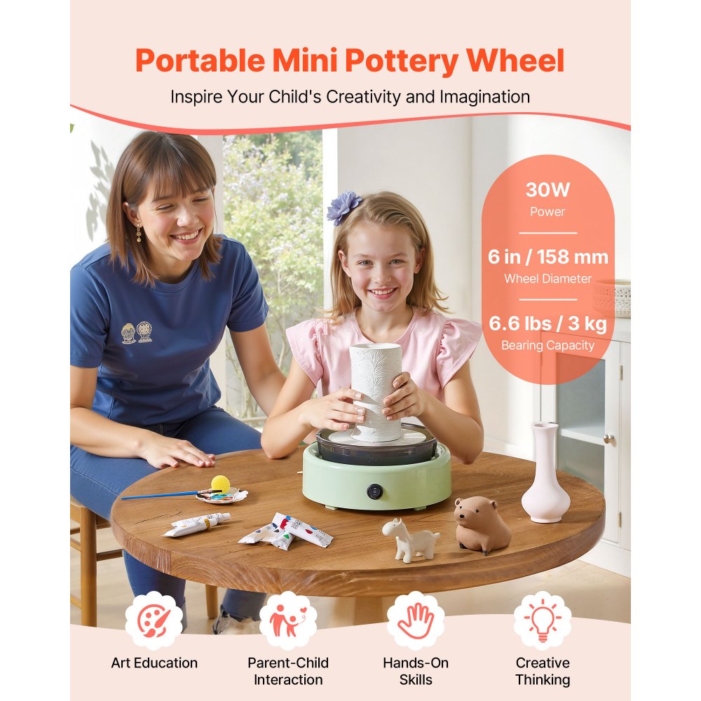 VEVOR Mini Pottery Wheel, 158 mm Turntable, Forward and Reverse Rotation, Adjustable Speed, Electric Clay Wheel for Kids and Beginners, with Shaping Tools, for Home DIY, Pottery Classes, Green
