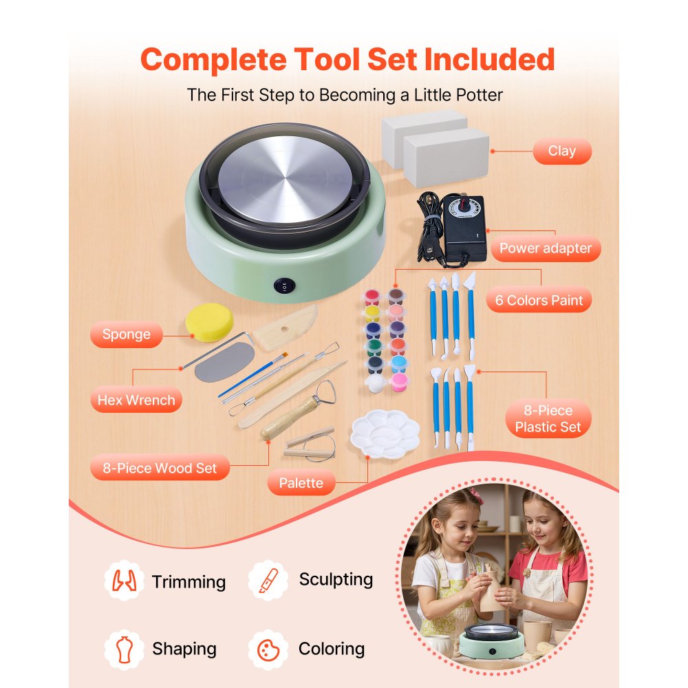 VEVOR Mini Pottery Wheel, 158 mm Turntable, Forward and Reverse Rotation, Adjustable Speed, Electric Clay Wheel for Kids and Beginners, with Shaping Tools, for Home DIY, Pottery Classes, Green