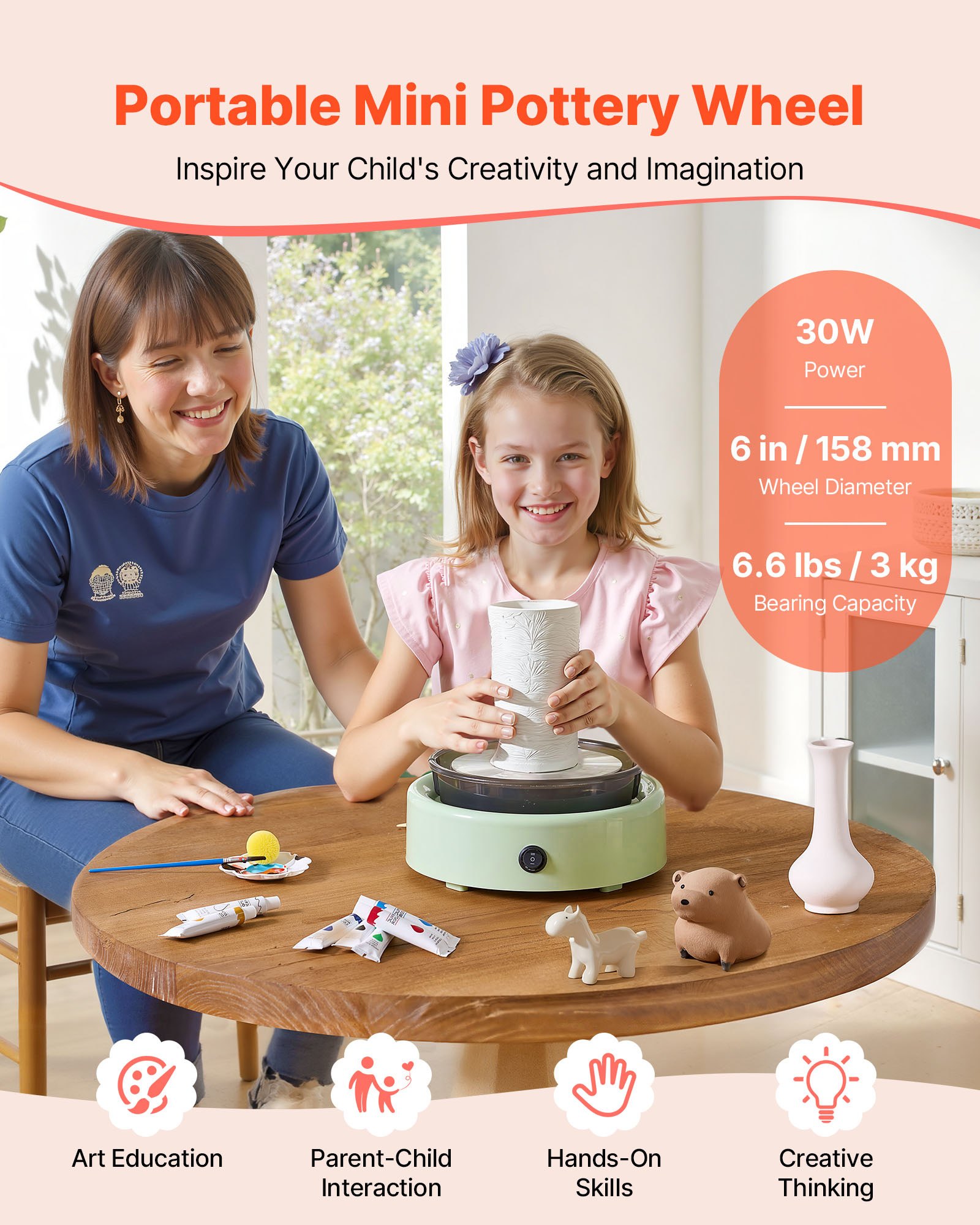 VEVOR Mini Pottery Wheel, 158 mm Turntable, Forward and Reverse Rotation, Adjustable Speed, Electric Clay Wheel for Kids and Beginners, with Shaping Tools, for Home DIY, Pottery Classes, Green