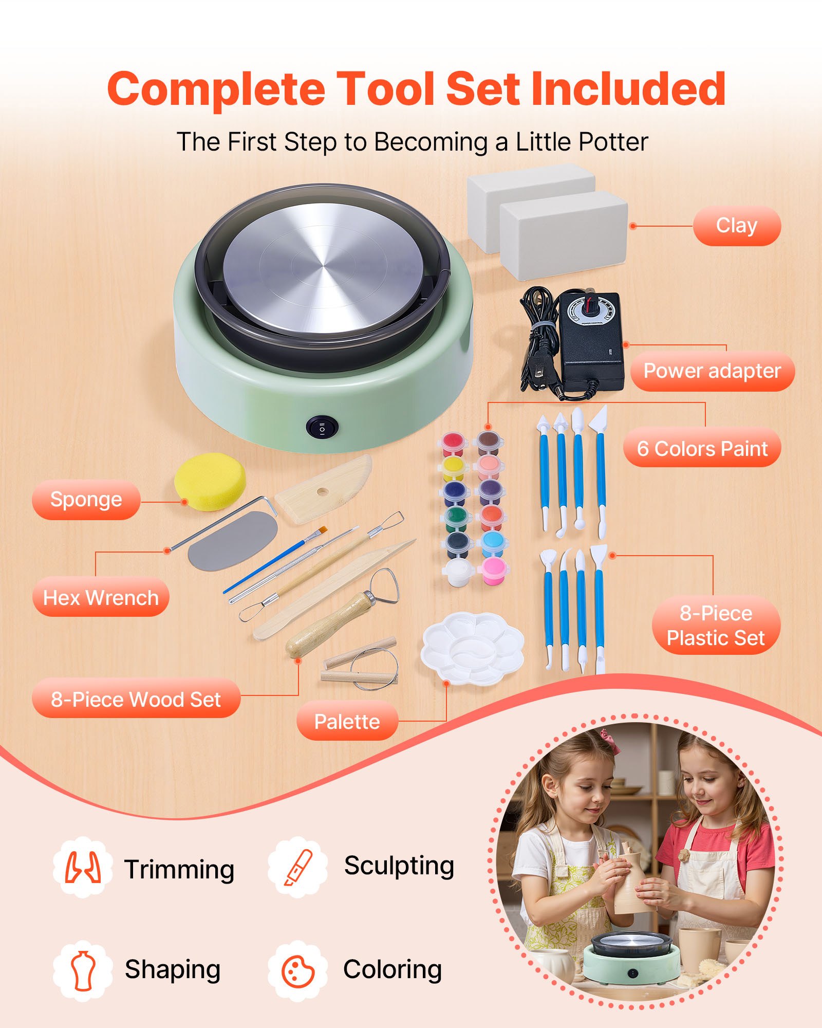 VEVOR Mini Pottery Wheel, 158 mm Turntable, Forward and Reverse Rotation, Adjustable Speed, Electric Clay Wheel for Kids and Beginners, with Shaping Tools, for Home DIY, Pottery Classes, Green