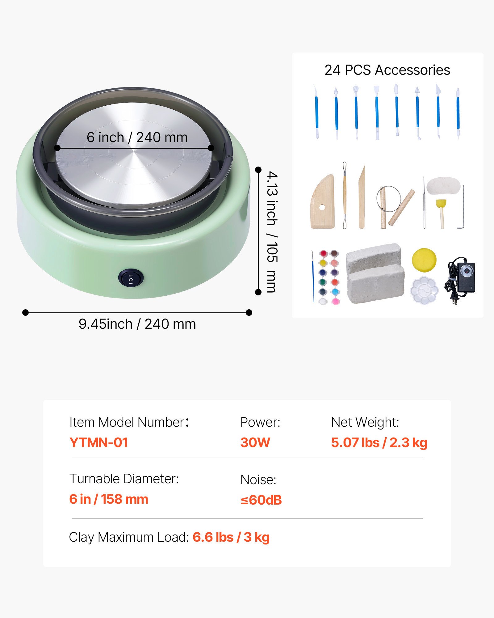 VEVOR Mini Pottery Wheel, 158 mm Turntable, Forward and Reverse Rotation, Adjustable Speed, Electric Clay Wheel for Kids and Beginners, with Shaping Tools, for Home DIY, Pottery Classes, Green
