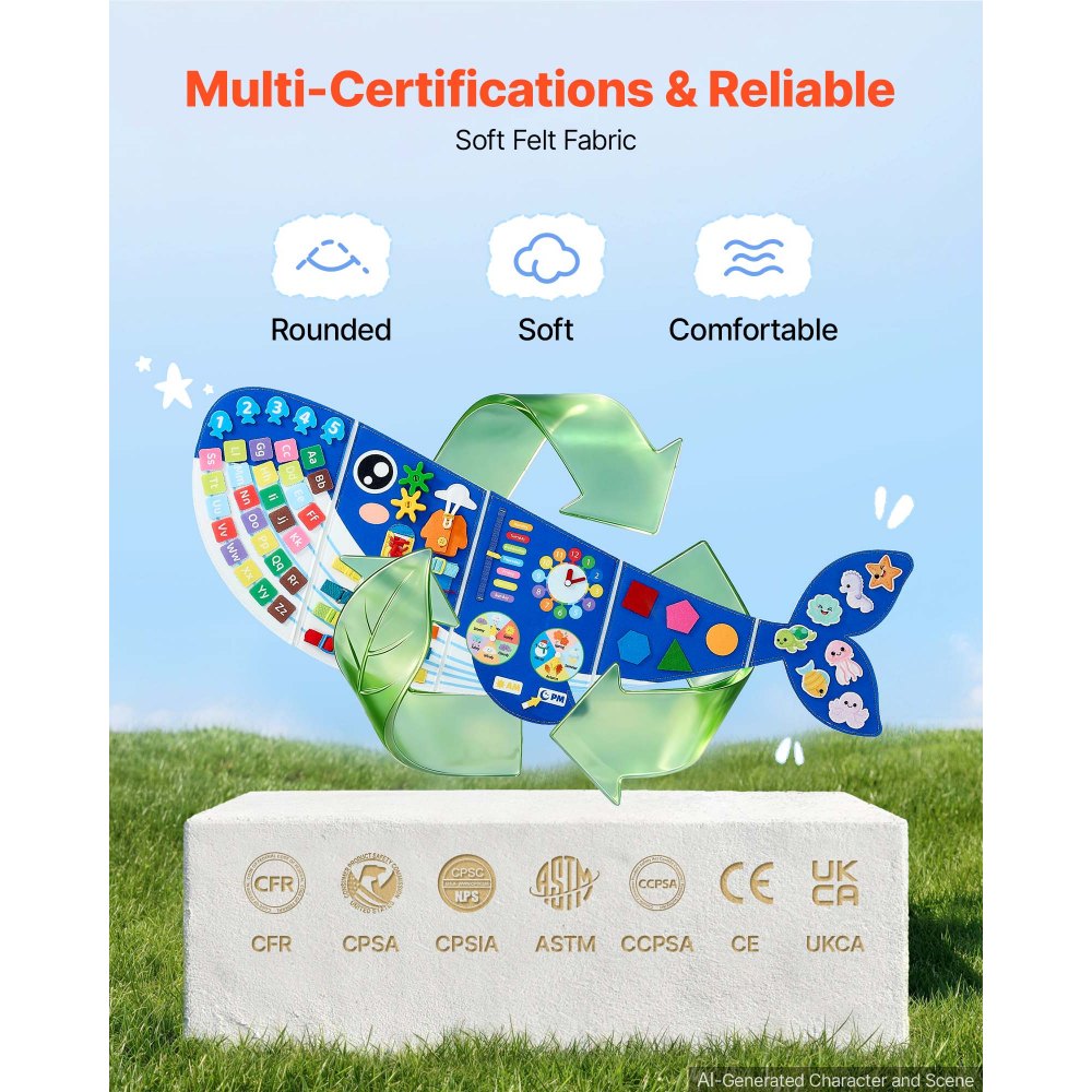 VEVOR Felt Wall Busy Board 12-in-1 Whale Foldable Montessori Activity Toys, Travel Daycare, Classroom, Playroom, Home, Educational Sensory Panel, with Numbers Letters Animals Shapes Learning Pieces