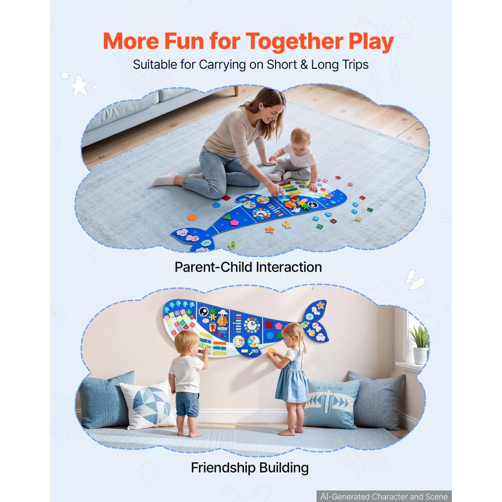 VEVOR Felt Wall Busy Board 12-in-1 Whale Foldable Montessori Activity Toys, Travel Daycare, Classroom, Playroom, Home, Educational Sensory Panel, with Numbers Letters Animals Shapes Learning Pieces