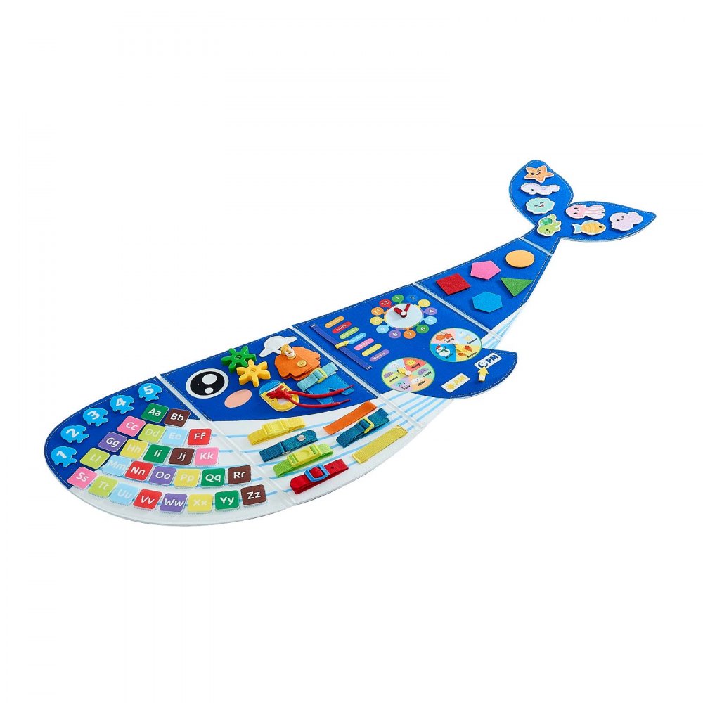 VEVOR Felt Wall Busy Board 12-in-1 Whale Foldable Montessori Activity Toys, Travel Daycare, Classroom, Playroom, Home, Educational Sensory Panel, with Numbers Letters Animals Shapes Learning Pieces
