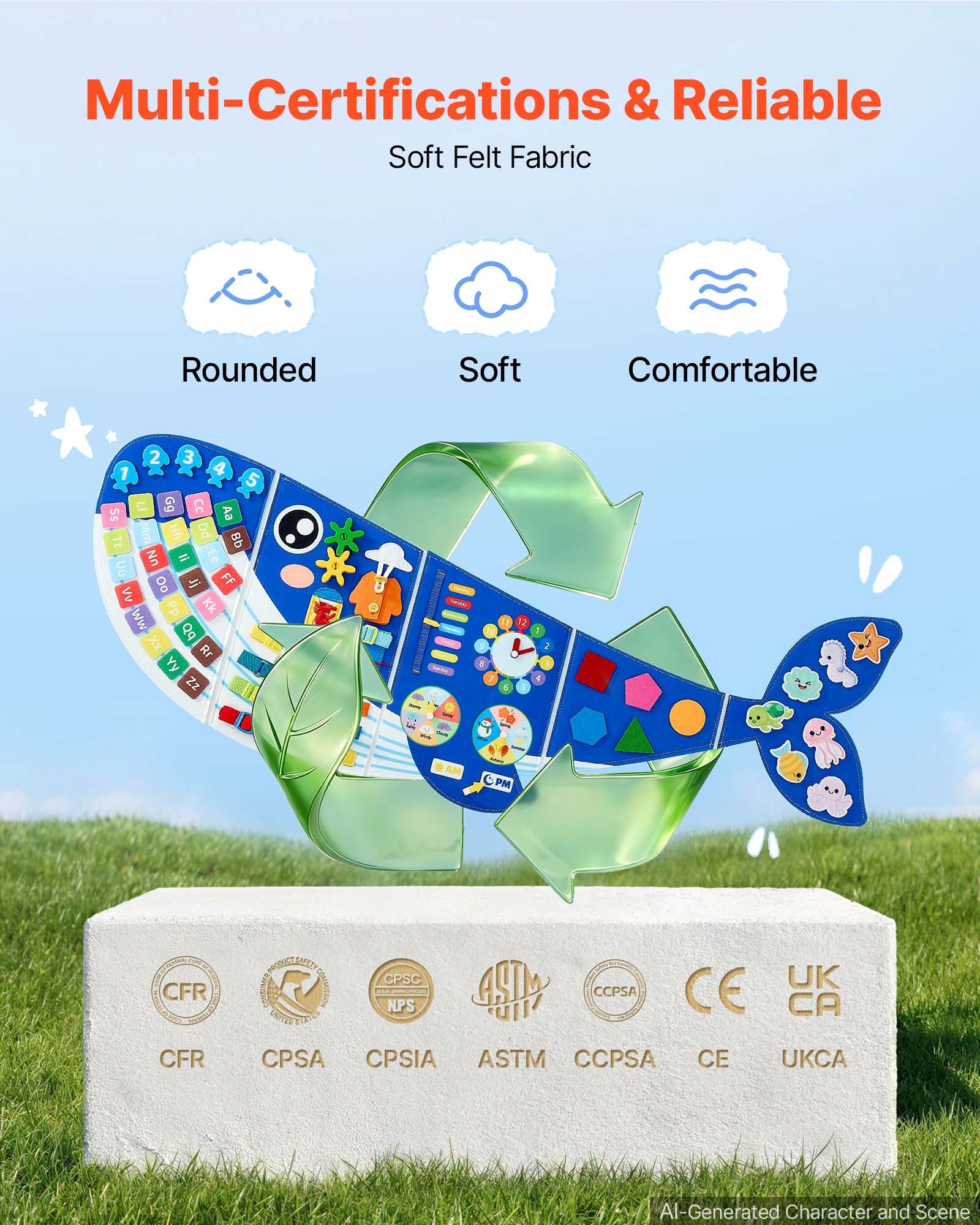 VEVOR Felt Wall Busy Board 12-in-1 Whale Foldable Montessori Activity Toys, Travel Daycare, Classroom, Playroom, Home, Educational Sensory Panel, with Numbers Letters Animals Shapes Learning Pieces
