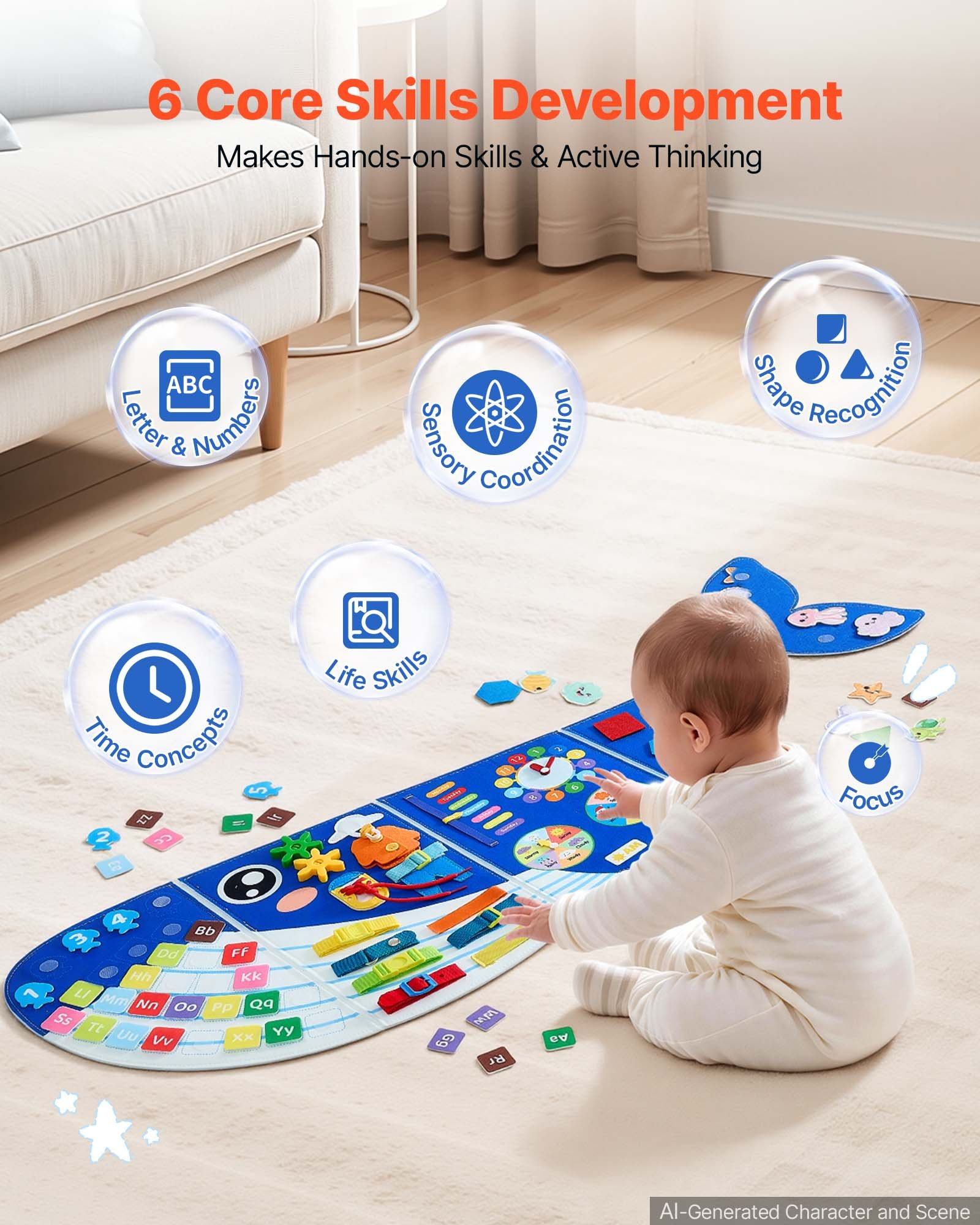 VEVOR Felt Wall Busy Board 12-in-1 Whale Foldable Montessori Activity Toys, Travel Daycare, Classroom, Playroom, Home, Educational Sensory Panel, with Numbers Letters Animals Shapes Learning Pieces