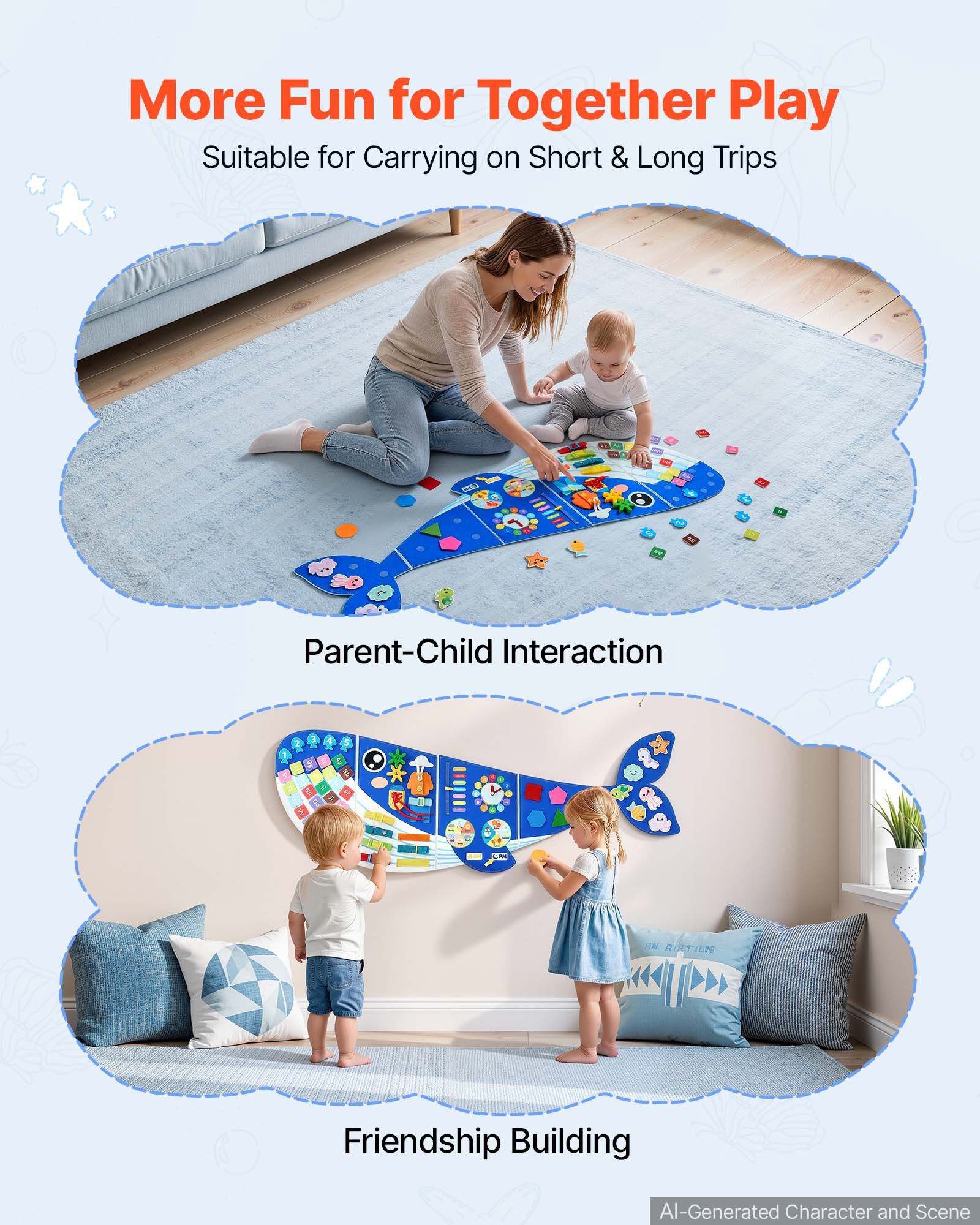 VEVOR Felt Wall Busy Board 12-in-1 Whale Foldable Montessori Activity Toys, Travel Daycare, Classroom, Playroom, Home, Educational Sensory Panel, with Numbers Letters Animals Shapes Learning Pieces