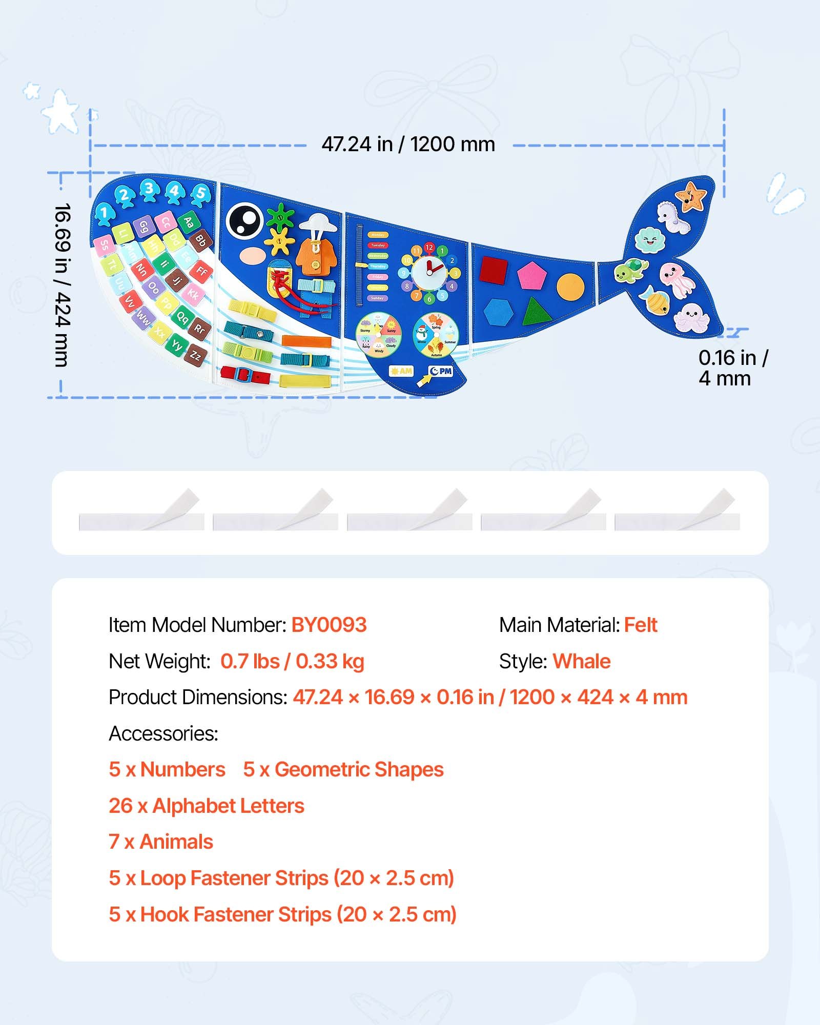 VEVOR Felt Wall Busy Board 12-in-1 Whale Foldable Montessori Activity Toys, Travel Daycare, Classroom, Playroom, Home, Educational Sensory Panel, with Numbers Letters Animals Shapes Learning Pieces