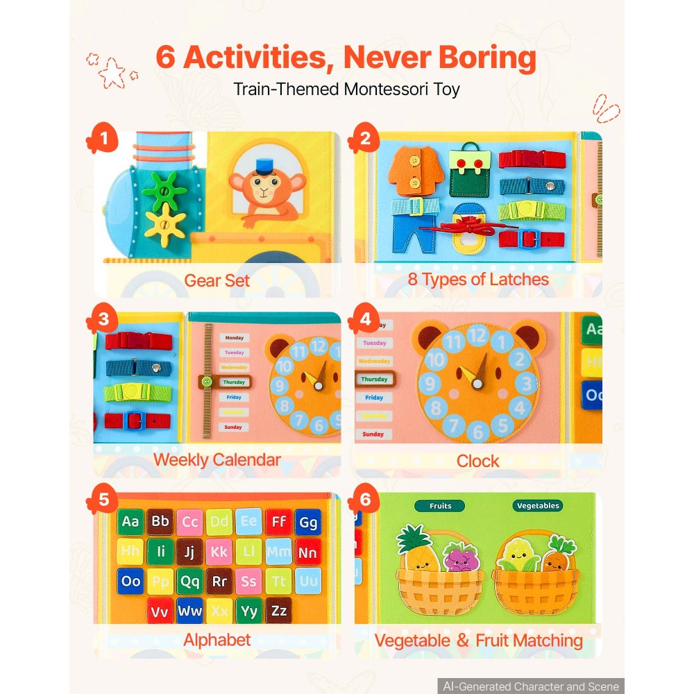 VEVOR Felt Wall Busy Board, 14-in-1 Train Foldable Montessori Activity Toys, Travel Daycare, Classroom, Playroom, Home, Educational Sensory Panel, with Letters Fruits Vegetables Clock Learning Pieces