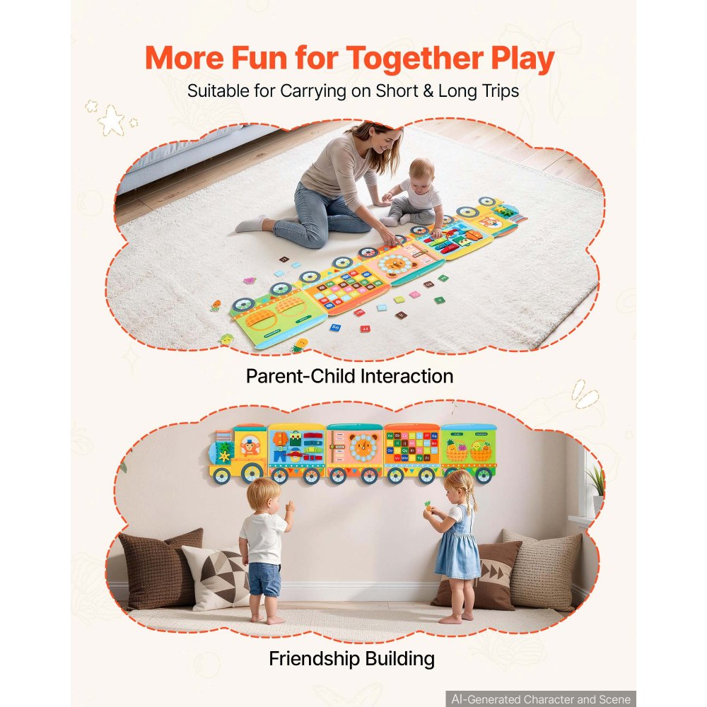 VEVOR Felt Wall Busy Board, 14-in-1 Train Foldable Montessori Activity Toys, Travel Daycare, Classroom, Playroom, Home, Educational Sensory Panel, with Letters Fruits Vegetables Clock Learning Pieces