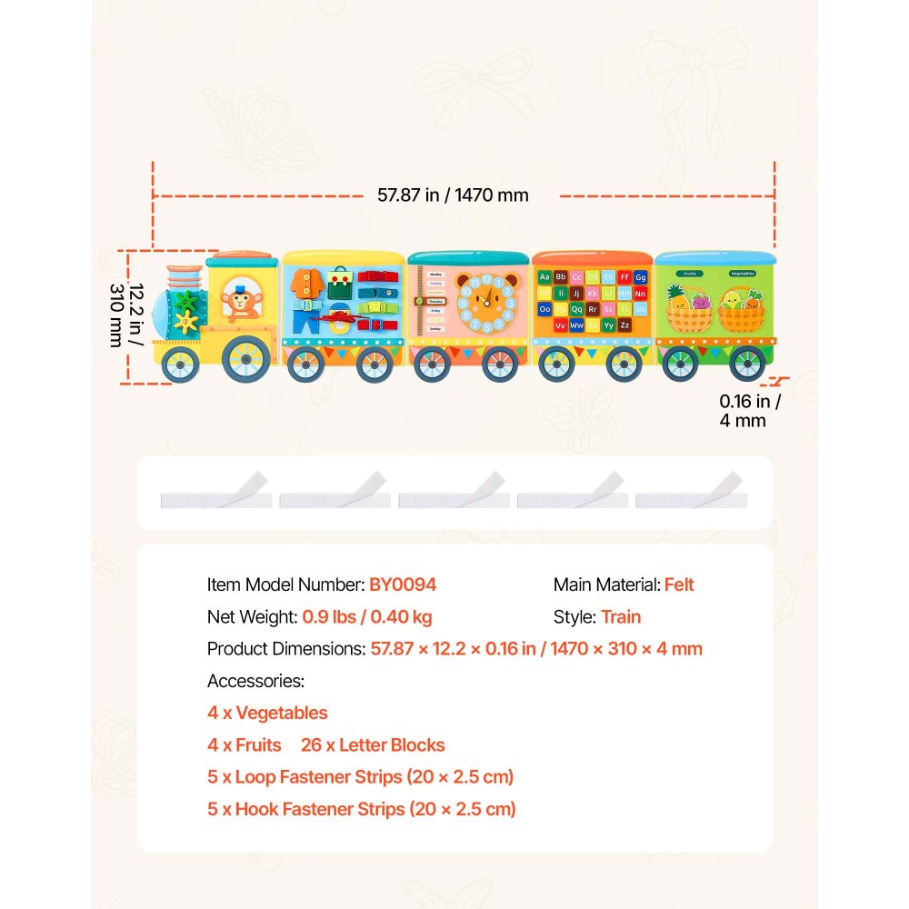 VEVOR Felt Wall Busy Board, 14-in-1 Train Foldable Montessori Activity Toys, Travel Daycare, Classroom, Playroom, Home, Educational Sensory Panel, with Letters Fruits Vegetables Clock Learning Pieces