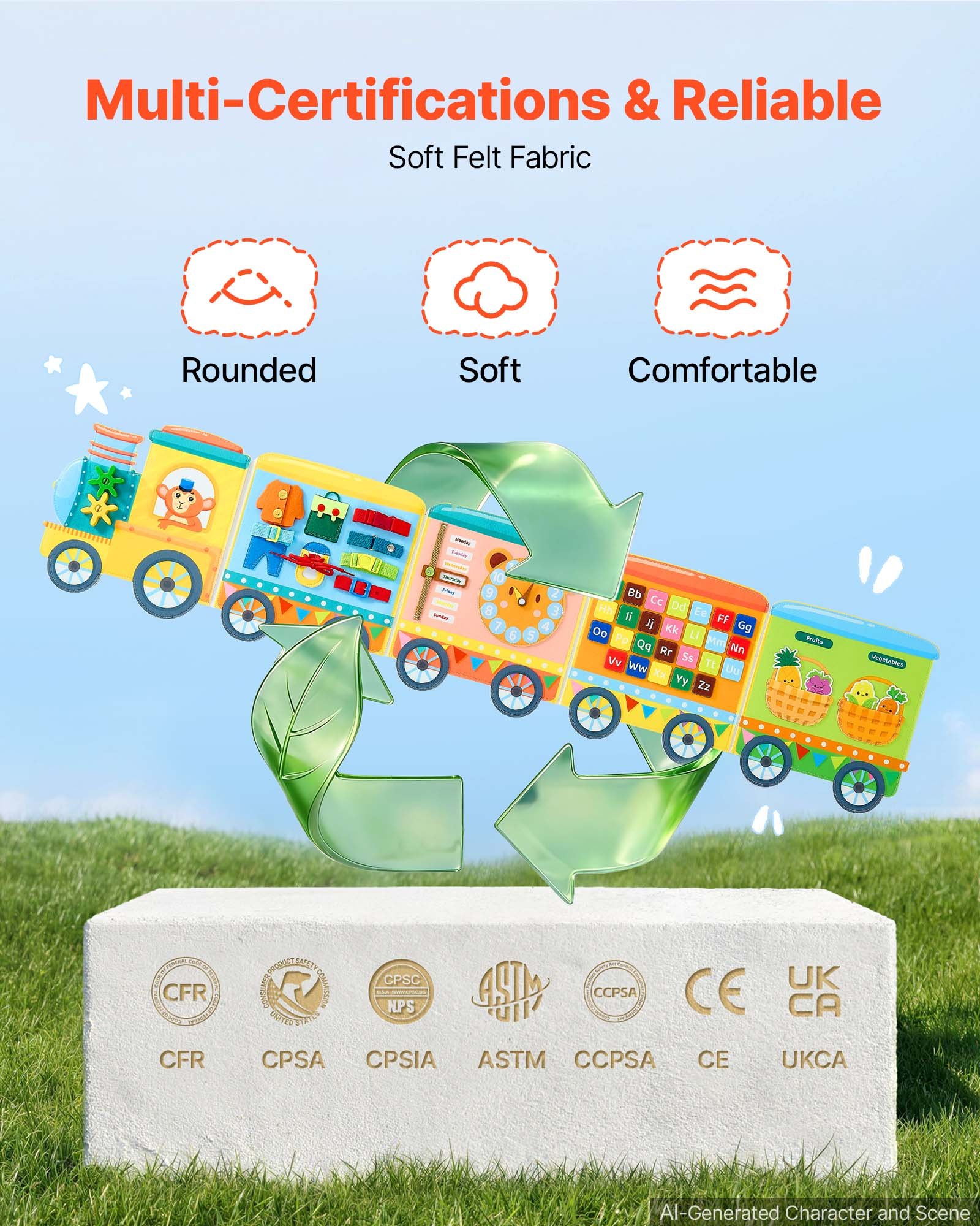 VEVOR Felt Wall Busy Board, 14-in-1 Train Foldable Montessori Activity Toys, Travel Daycare, Classroom, Playroom, Home, Educational Sensory Panel, with Letters Fruits Vegetables Clock Learning Pieces