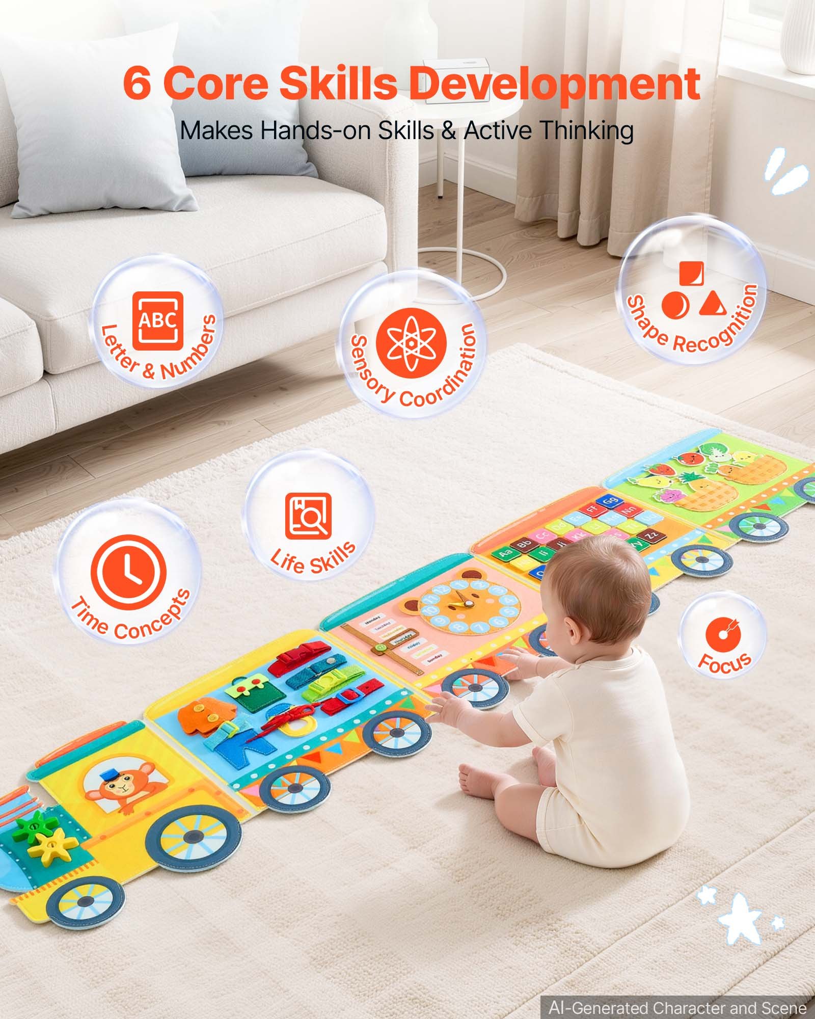 VEVOR Felt Wall Busy Board, 14-in-1 Train Foldable Montessori Activity Toys, Travel Daycare, Classroom, Playroom, Home, Educational Sensory Panel, with Letters Fruits Vegetables Clock Learning Pieces