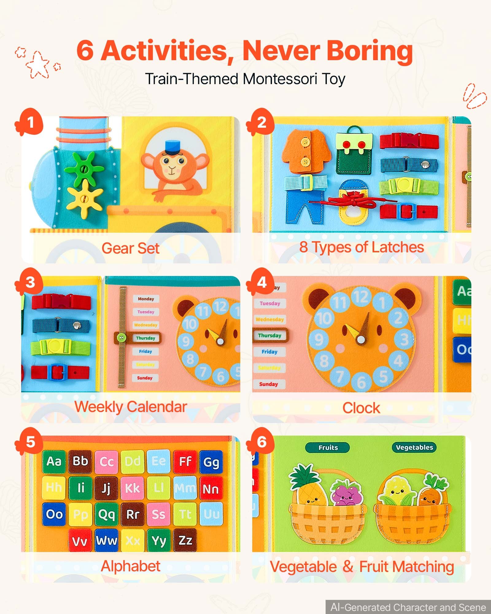VEVOR Felt Wall Busy Board, 14-in-1 Train Foldable Montessori Activity Toys, Travel Daycare, Classroom, Playroom, Home, Educational Sensory Panel, with Letters Fruits Vegetables Clock Learning Pieces