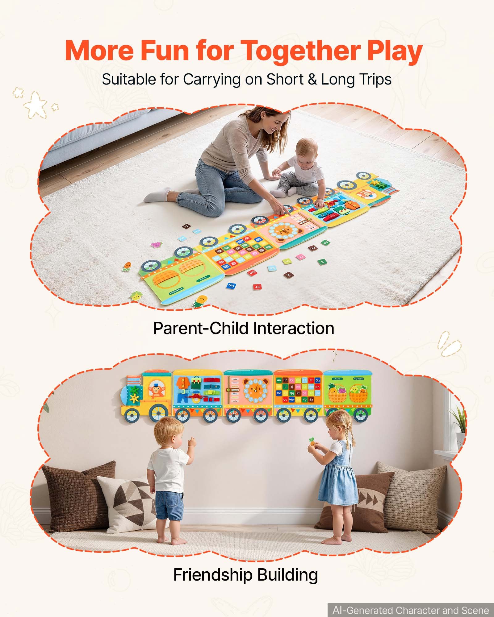 VEVOR Felt Wall Busy Board, 14-in-1 Train Foldable Montessori Activity Toys, Travel Daycare, Classroom, Playroom, Home, Educational Sensory Panel, with Letters Fruits Vegetables Clock Learning Pieces
