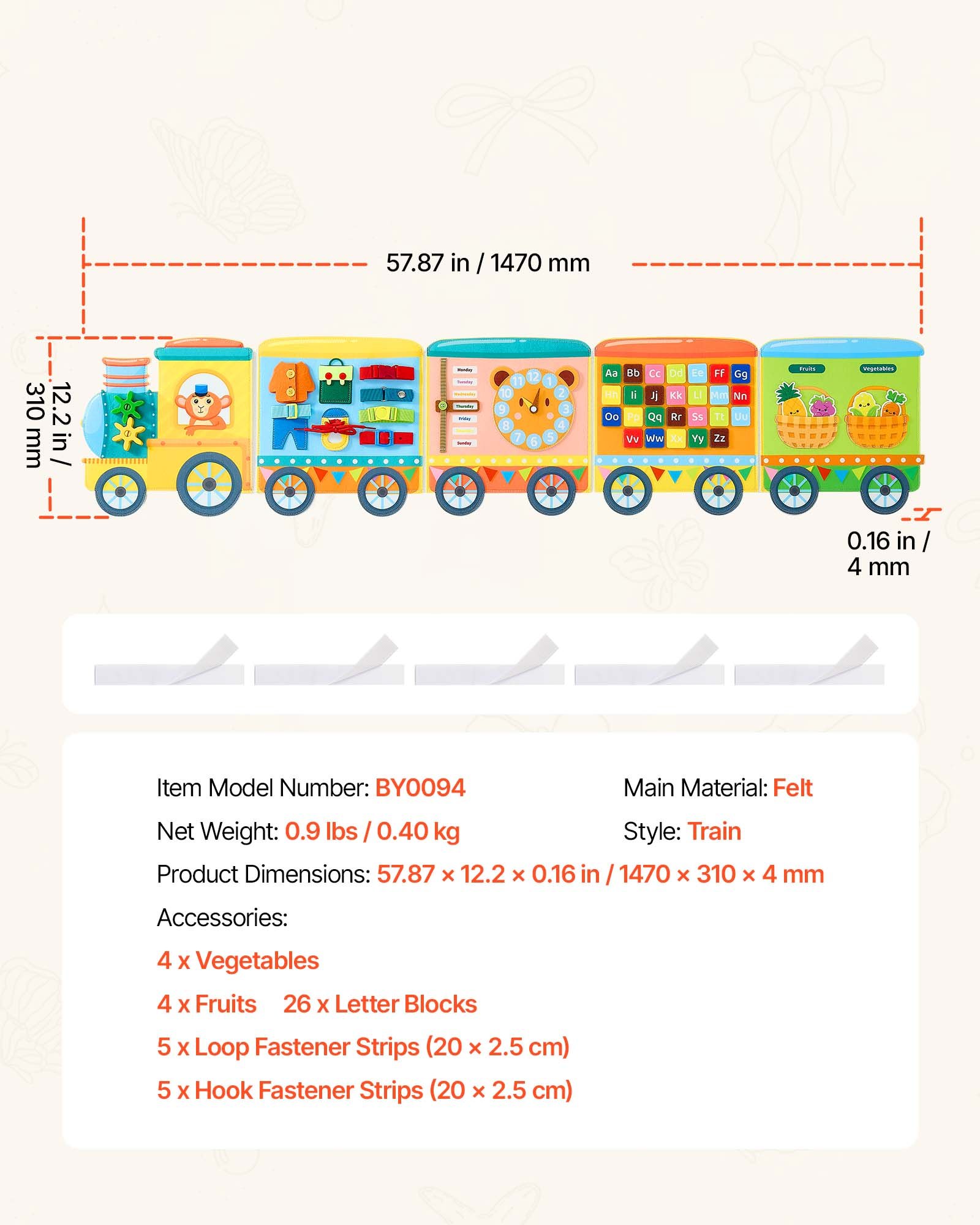 VEVOR Felt Wall Busy Board, 14-in-1 Train Foldable Montessori Activity Toys, Travel Daycare, Classroom, Playroom, Home, Educational Sensory Panel, with Letters Fruits Vegetables Clock Learning Pieces